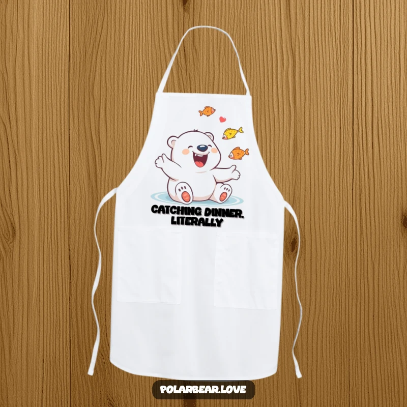Funny Polar Bear Juggling Fish Apron: A giggling polar bear with a huge grin joyfully juggles colorful fish.