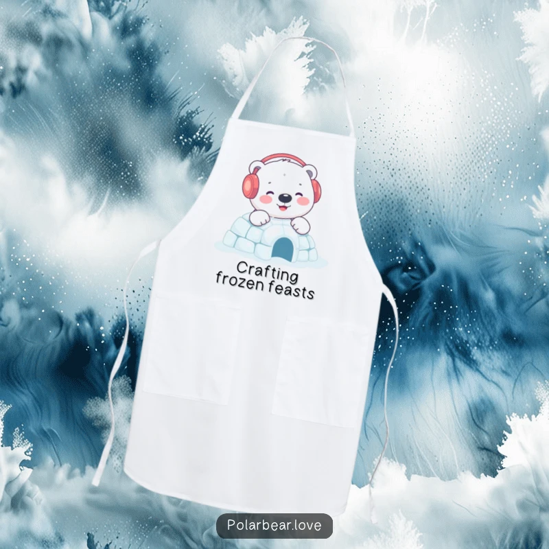 Funny polar bear igloo apron showing a content bear with earmuffs building a sparkling igloo, adding a cheerful touch to kitchen tasks.