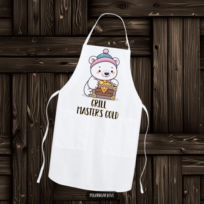 Funny polar bear in a tiny cap, peering into a treasure chest, a funny apron.