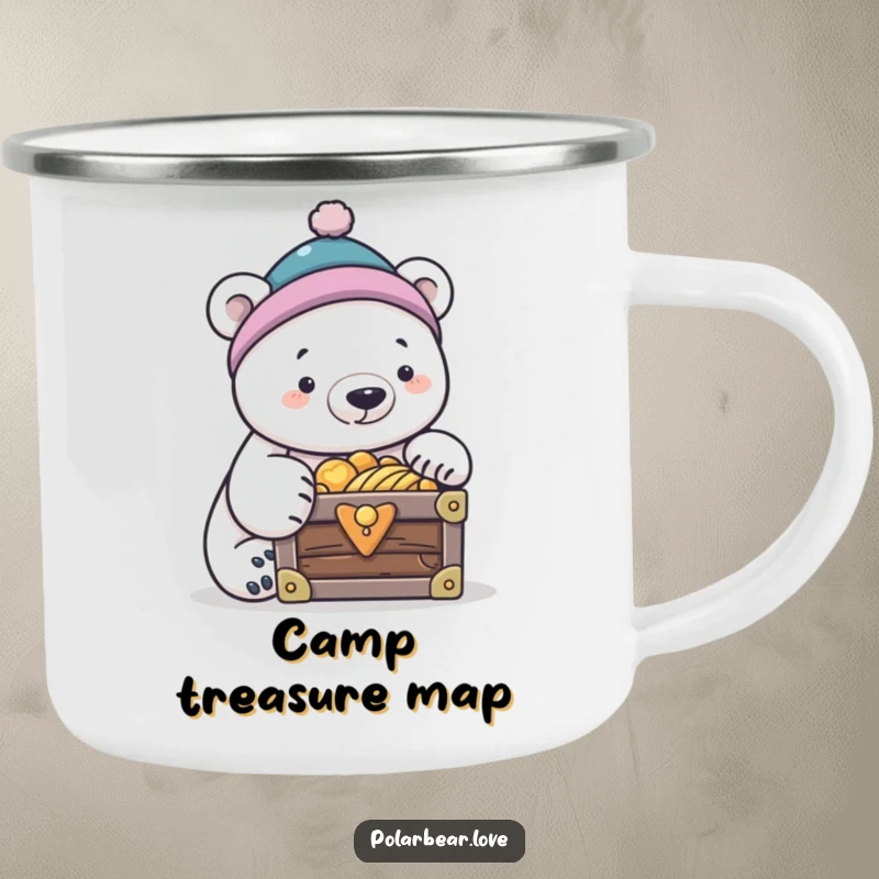 Funny polar bear in a tiny cap, peering into a treasure chest, durable and funny camping mug.