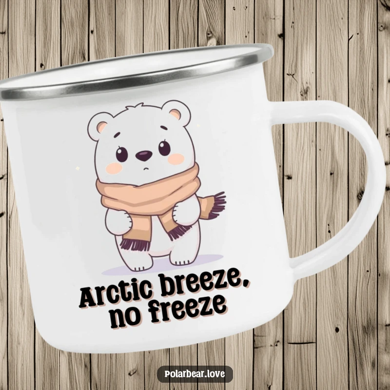 Funny polar bear camping mug, wind gust blowing scarf, surprised look, durable and humorous outdoor gear.