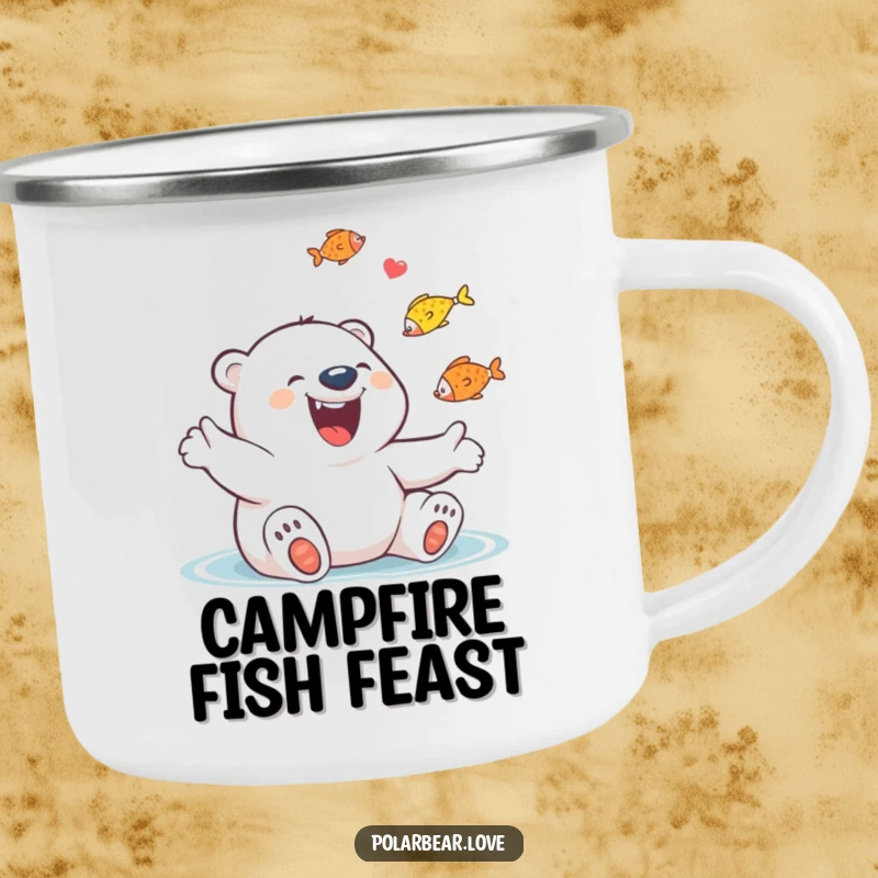 Funny Polar Bear Juggling Fish Camping Mug: A giggling polar bear with a huge grin joyfully juggles fish.