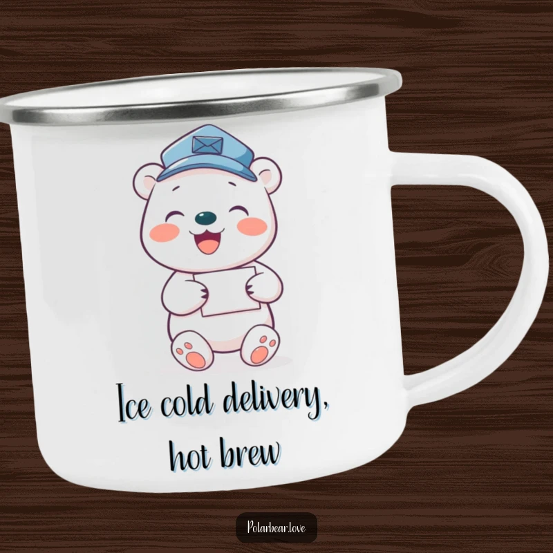 Funny polar bear mail carrier camping mug, showing a joyful bear delivering mail outdoors.