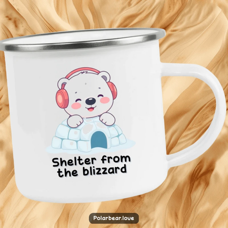 Funny polar bear igloo camping mug showing a content bear with earmuffs building a sparkling igloo, perfect for outdoor coziness.