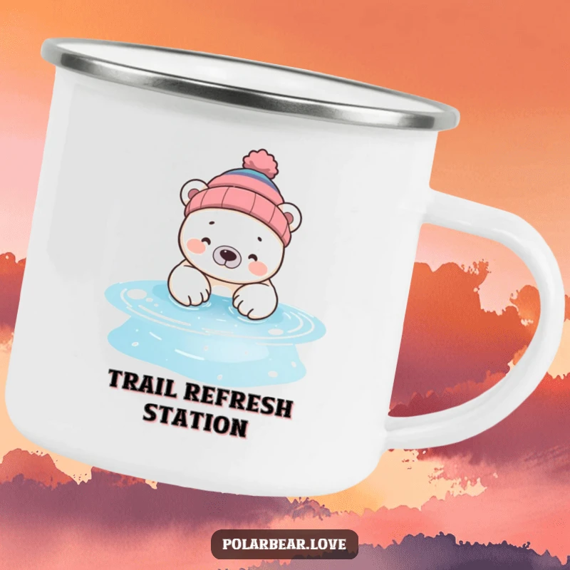 Funny polar bear camping mug, a bear in a beanie, dipping paws into a sparkling pool, perfect for sipping drinks outdoors.