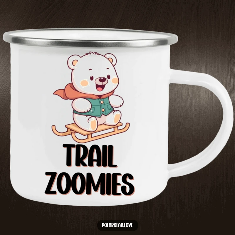 Funny polar bear camping mug in a vest, looking delighted while zooming on a mini sled, perfect for rugged outdoor enthusiasts.