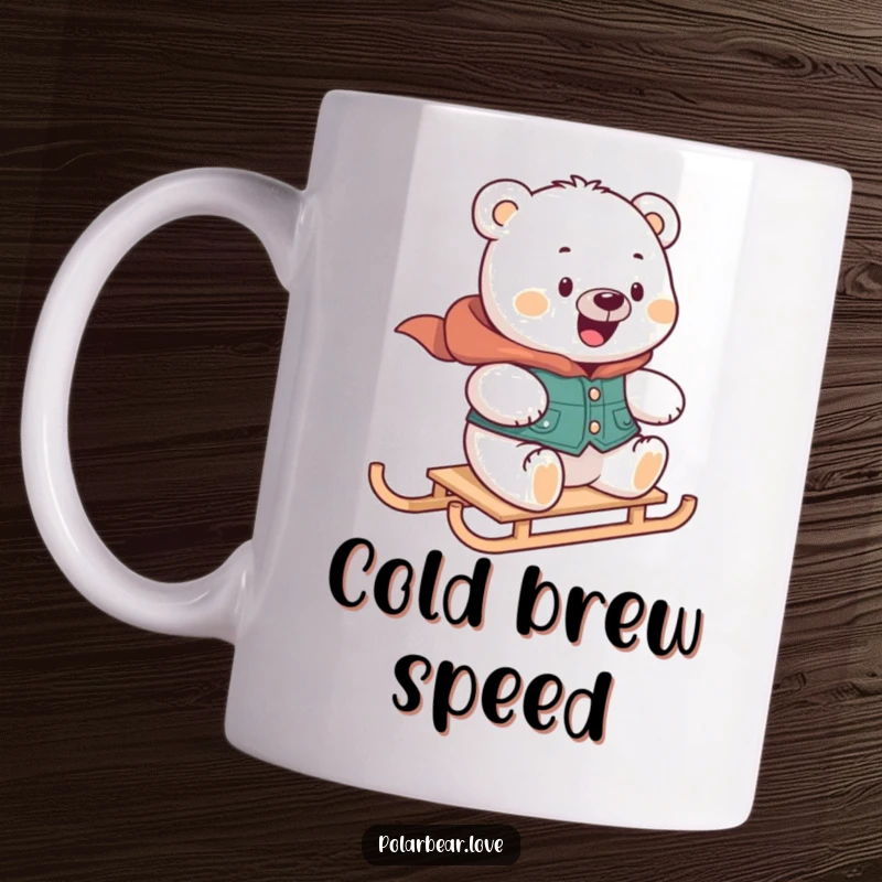 Funny polar bear mug with a vest, looking delighted while zooming on a mini sled, symbolizing winter fun.