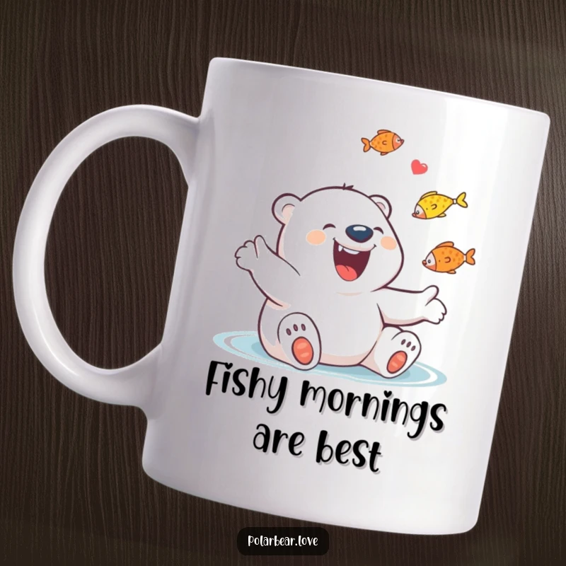 Funny Polar Bear Juggling Fish Mug: A giggling polar bear with a huge grin joyfully juggling multiple colorful fish.