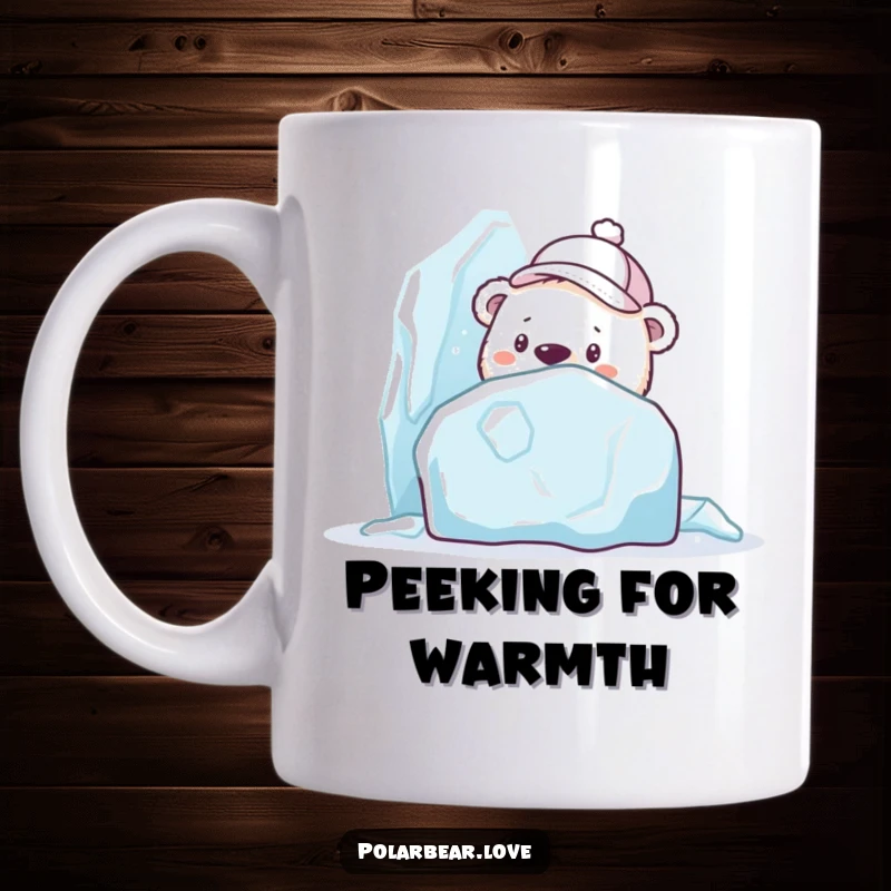 Funny polar bear mug in a cap, curiously peeking from behind a large ice sculpture, symbolizing playful exploration.