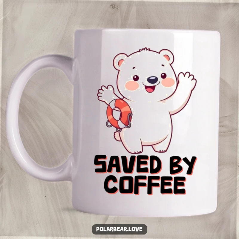 Funny happy polar bear wearing a life preserver, waving enthusiastically, a delightful funny mug.