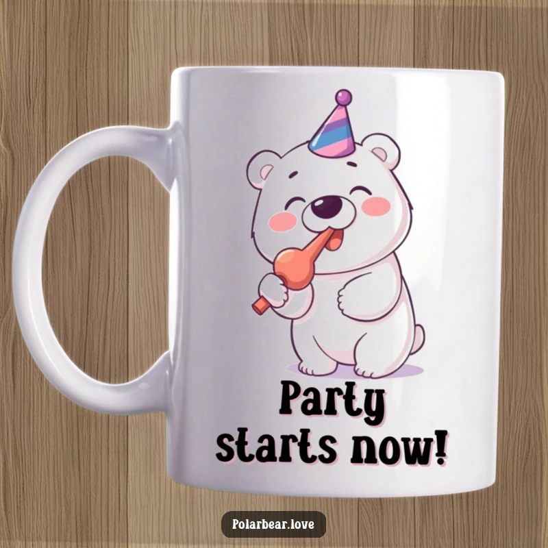 Funny Polar Bear Party Blower Mug: A cheerful polar bear enthusiastically blowing a party blower with gusto.