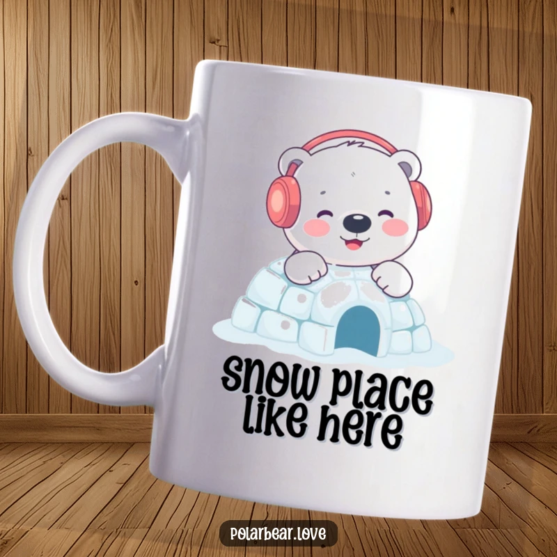Funny polar bear mug showing a content bear with earmuffs happily building a sparkling igloo, capturing serene winter vibes.