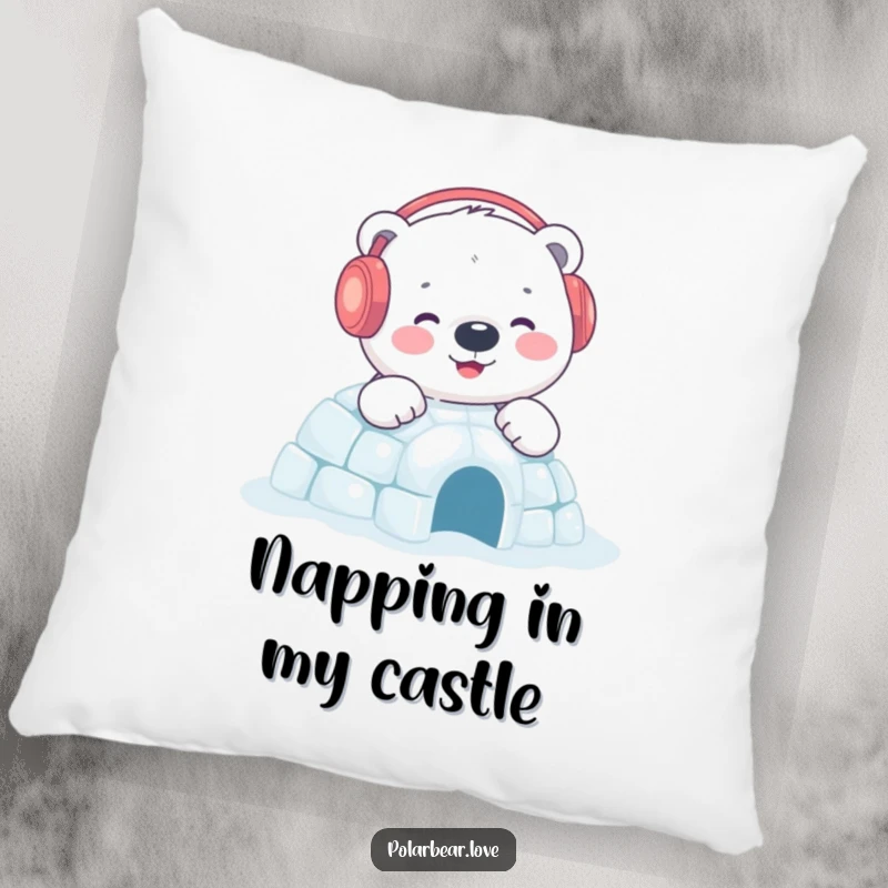 Funny polar bear igloo pillow featuring a content bear with earmuffs building a sparkling igloo, providing soft comfort and winter allure.