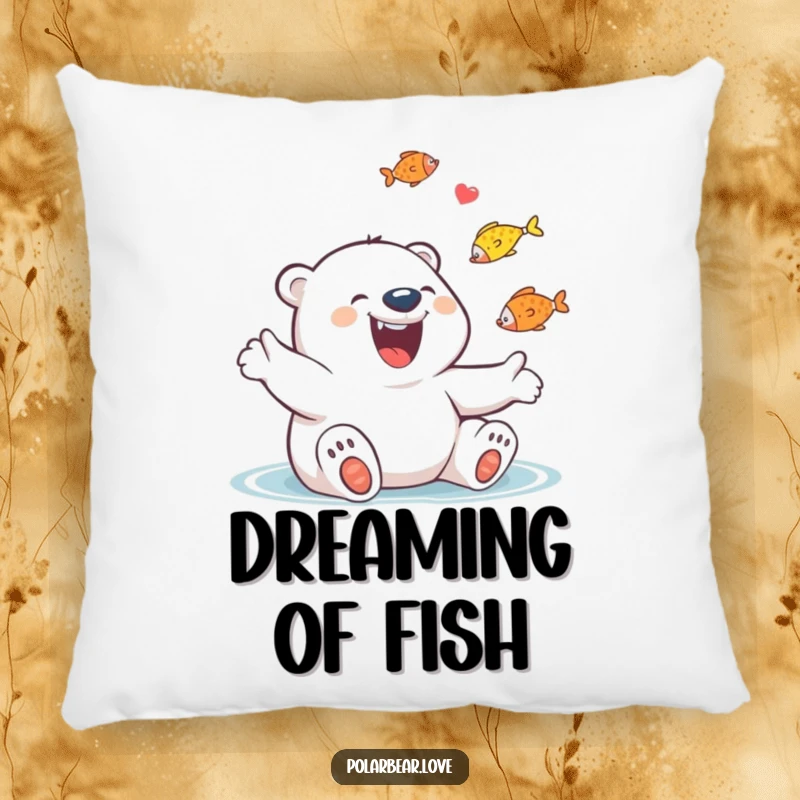 Funny Polar Bear Juggling Fish Pillow: A giggling polar bear with a huge grin joyfully juggles colorful fish.