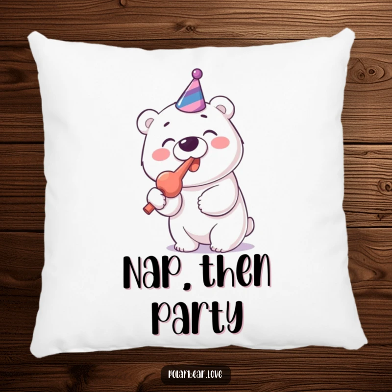 Funny Polar Bear Party Blower Pillow: A cheerful polar bear enthusiastically blows a party blower with gusto.