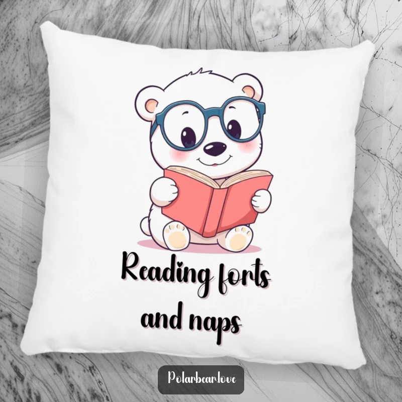 Funny polar bear spectacles pillow, showing a curious bear with large glasses reading a book.