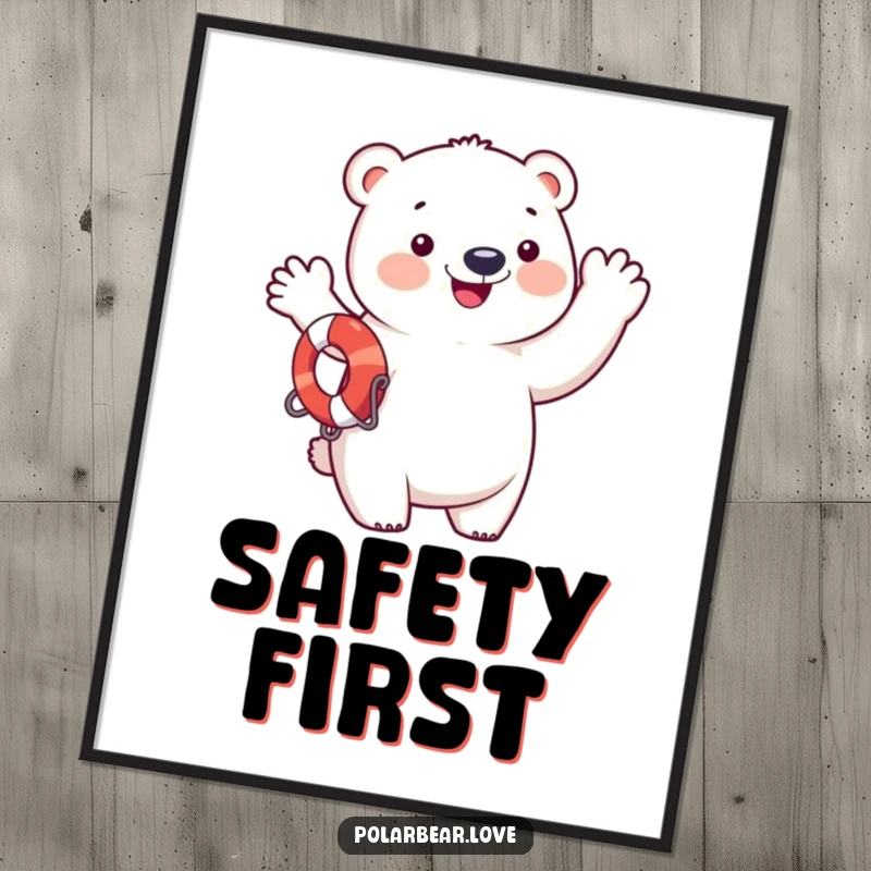 Funny polar bear wearing a life preserver, waving with great enthusiasm, high-resolution funny digital art.