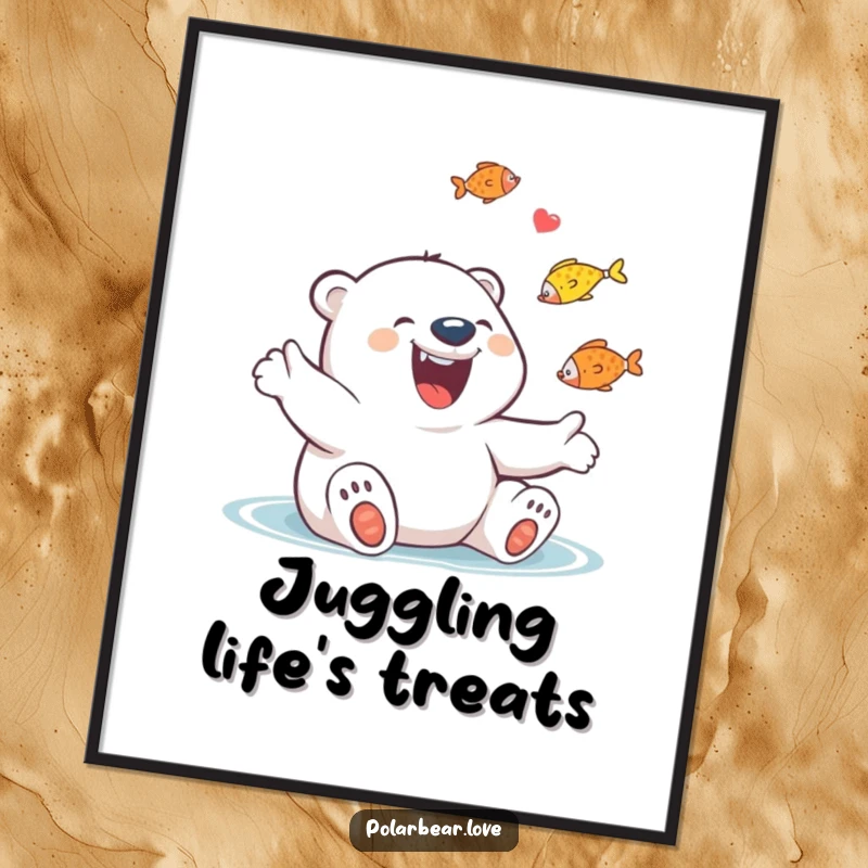 Funny Polar Bear Juggling Fish Digital Art: A giggling polar bear with a huge grin joyfully juggles colorful fish.