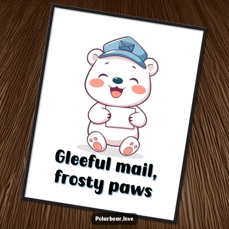 Funny polar bear mail carrier digital art print, a joyful bear delivering letters.