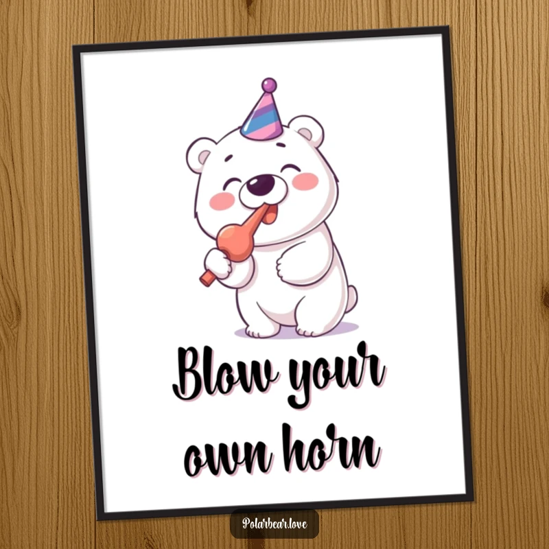 Funny Polar Bear Party Blower Digital Art: A cheerful polar bear enthusiastically blows a party blower with gusto.