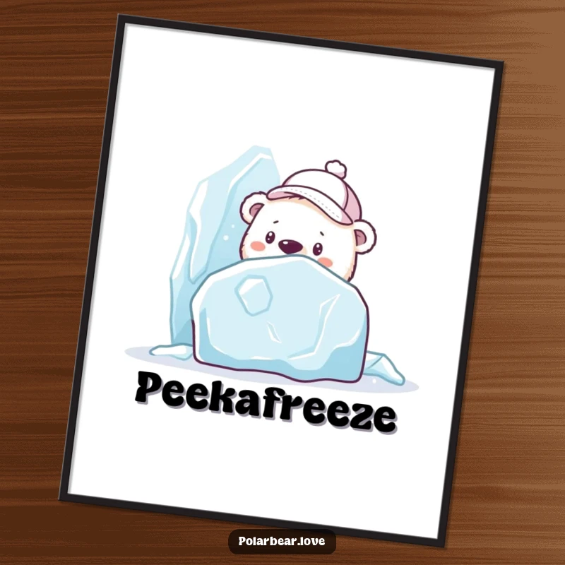 Funny polar bear digital art print in a cap, curiously peeking from behind a large ice sculpture, ideal for printable mystery decor.