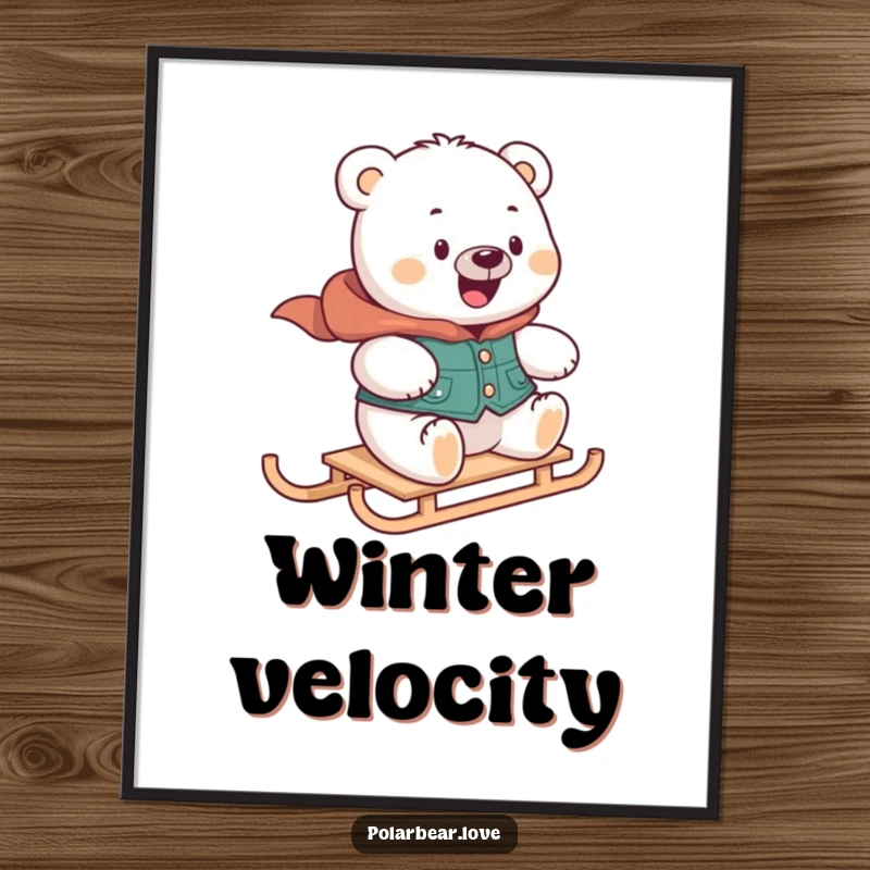Funny polar bear digital art print in a vest, looking delighted while zooming on a mini sled, ideal for printable winter decor.