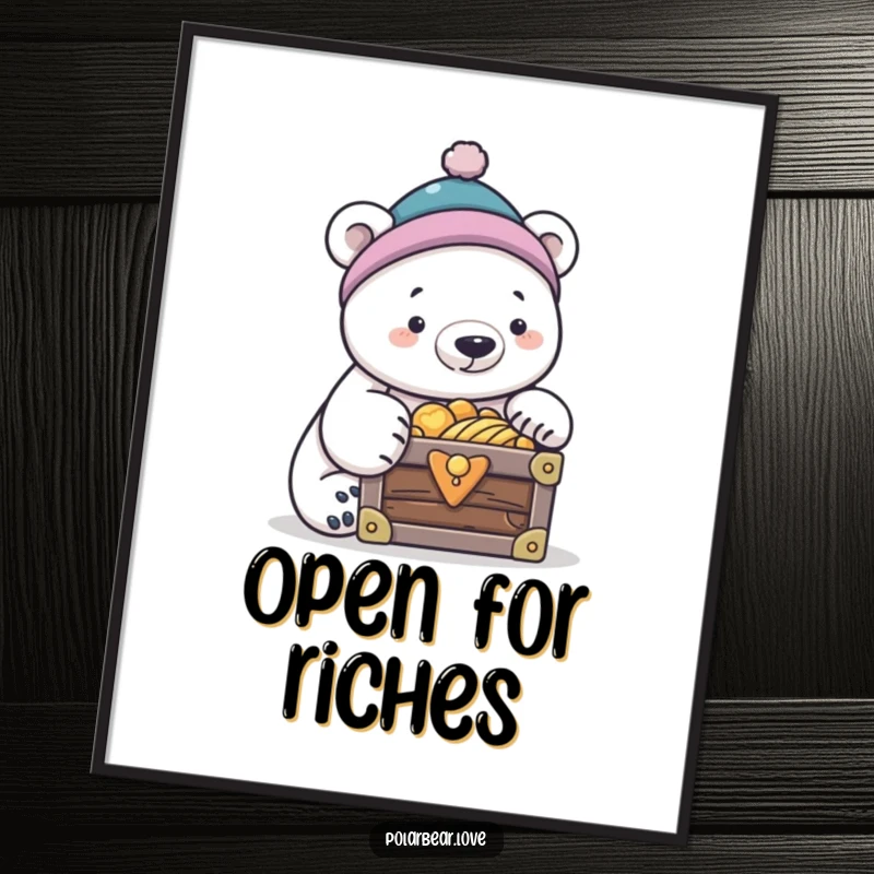 Funny polar bear in a tiny cap, peering into a treasure chest, high-resolution funny digital art.