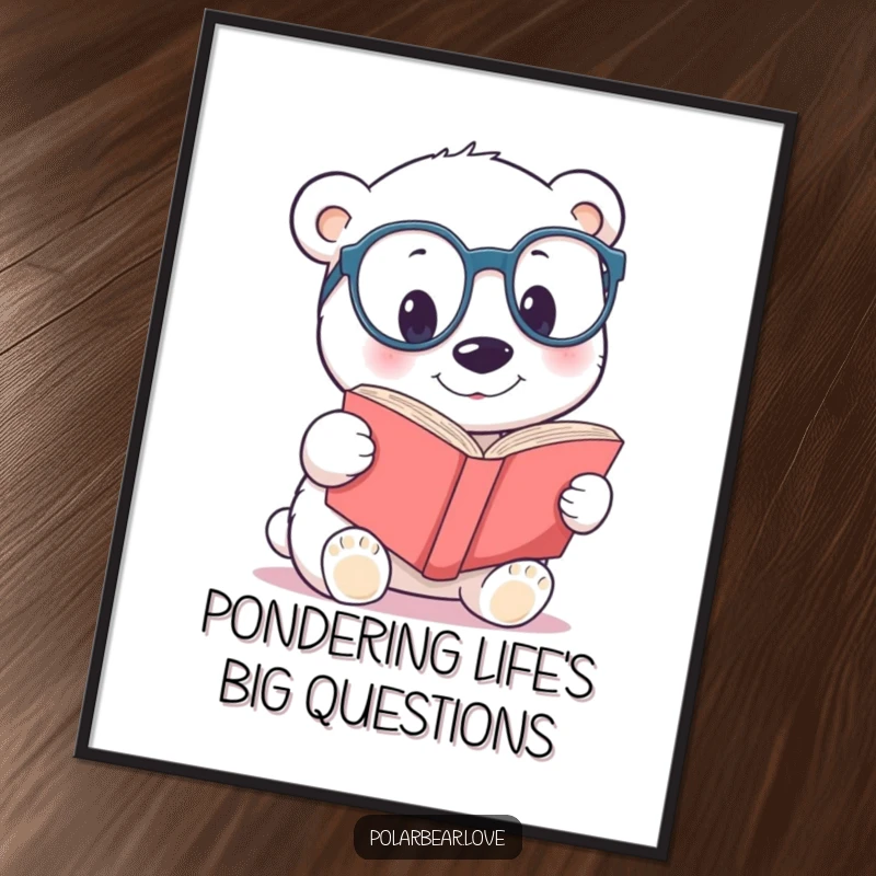 Funny polar bear spectacles digital art print, a curious bear with large glasses reading a book.
