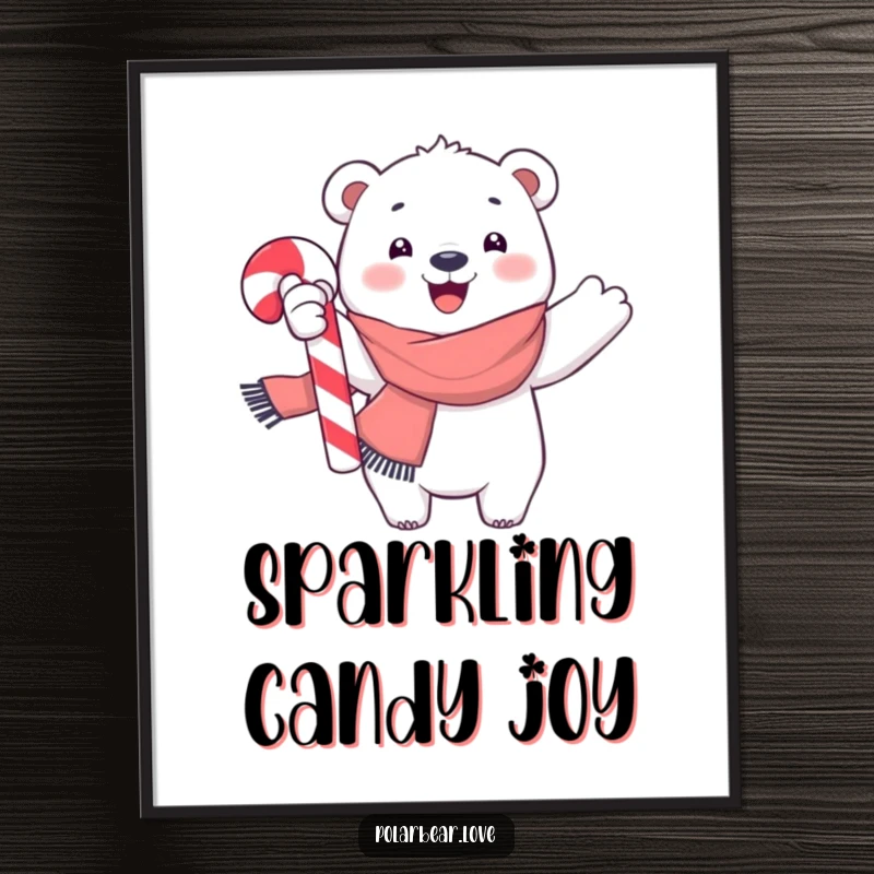 Funny polar bear digital art, wearing a bright scarf, joyfully waving a large candy cane, an instant downloadable festive decoration.