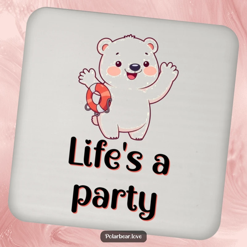 Funny polar bear in a life preserver, waving enthusiastically, protecting surfaces with humor, funny coaster.