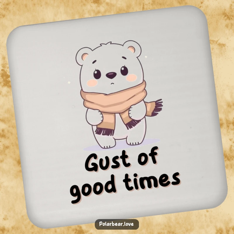 Funny polar bear drink coaster, wind blowing scarf, surprised expression, comical protection for tabletops.