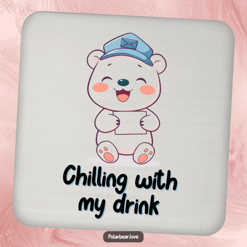 Funny polar bear mail carrier drink coasters, featuring a joyful bear delivering letters.