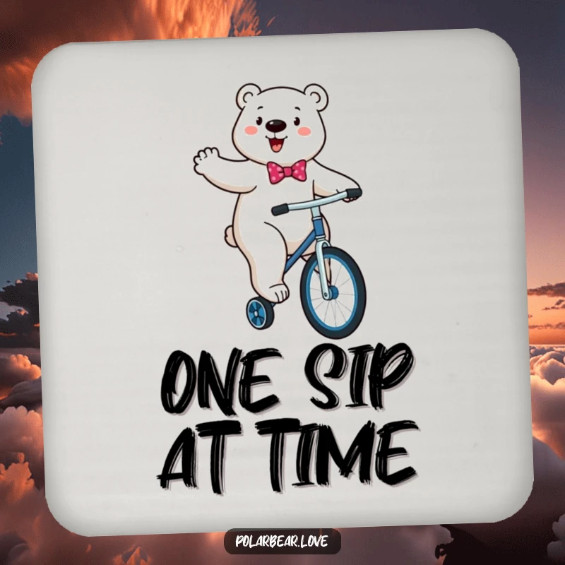 Funny Polar Bear Unicycle Coaster: An energetic polar bear with a bowtie comically attempts to ride a unicycle.