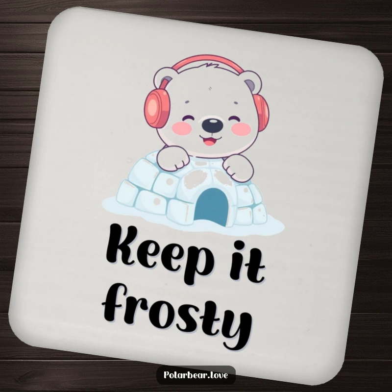 Funny polar bear igloo coaster featuring a content bear with earmuffs building a sparkling igloo, protecting surfaces with winter flair.