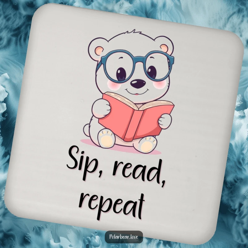 Funny polar bear spectacles drink coasters, featuring a curious bear with large glasses reading.