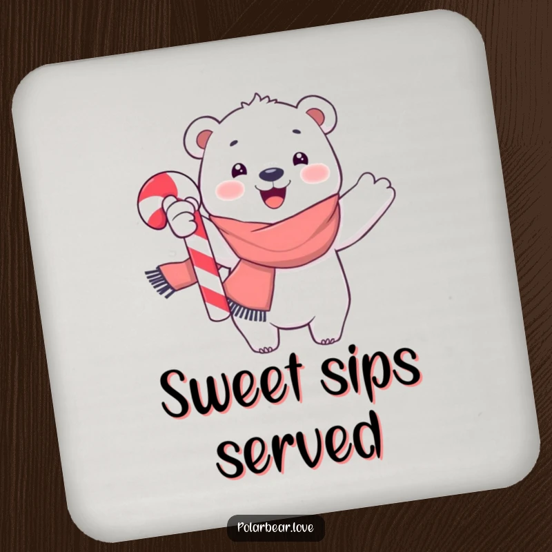 Funny polar bear coaster, wearing a scarf, joyfully waving a large candy cane, a festive and functional accessory for drinks.