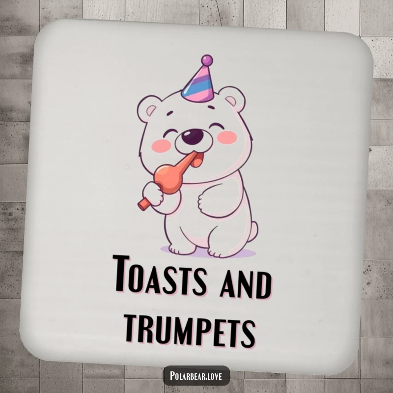 Funny Polar Bear Party Blower Coaster: A cheerful polar bear enthusiastically blows a party blower with gusto.