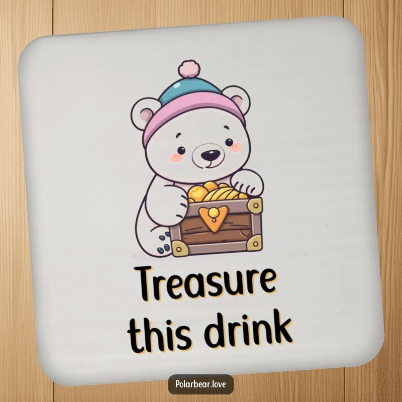 Funny polar bear in a tiny cap, peering into a treasure chest, protecting surfaces with humor, funny coaster.