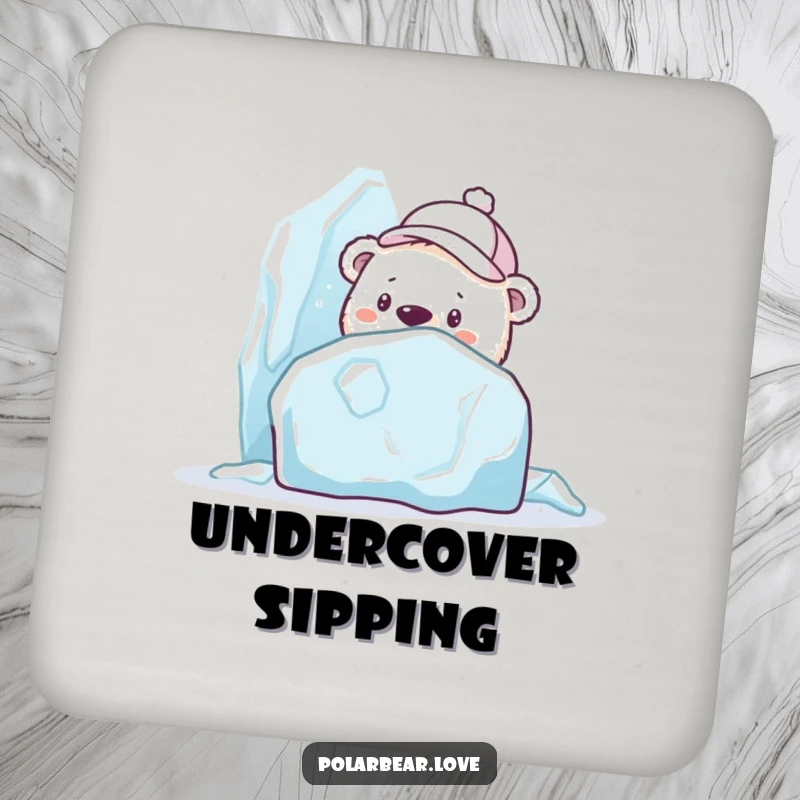 Funny polar bear coaster in a cap, curiously peeking from behind a large ice sculpture, excellent for mysterious tabletops.