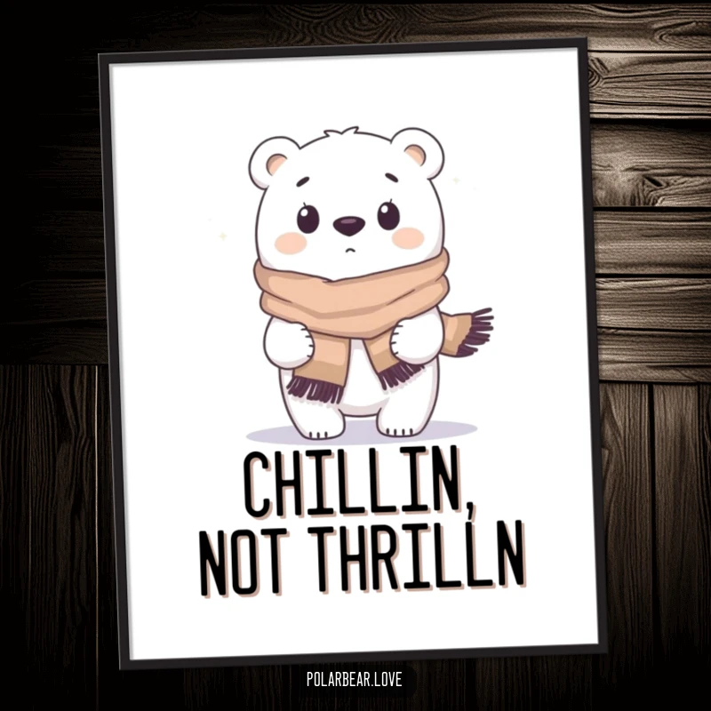 Funny polar bear poster print, wind gust blowing scarf, surprised look, comical arctic wildlife art.