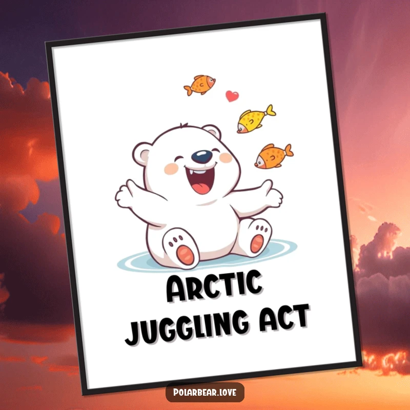 Funny Polar Bear Juggling Fish Poster: A giggling polar bear with a wide grin joyfully juggling many fish.