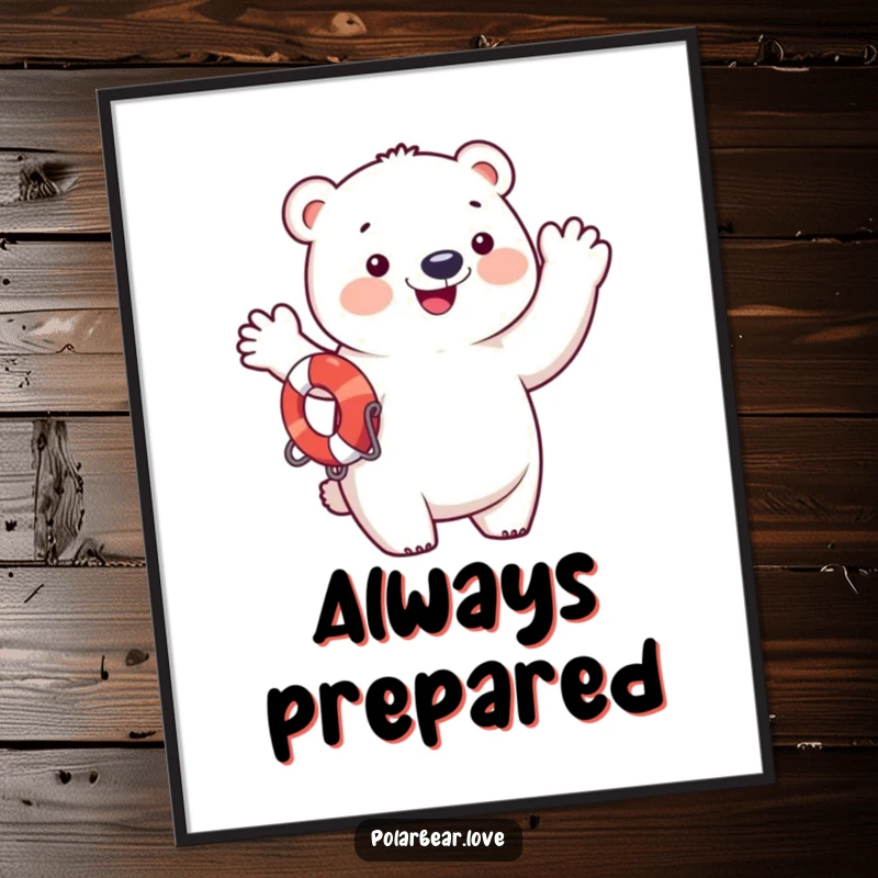 Funny polar bear wearing a life preserver, waving with great enthusiasm, humorous funny poster.