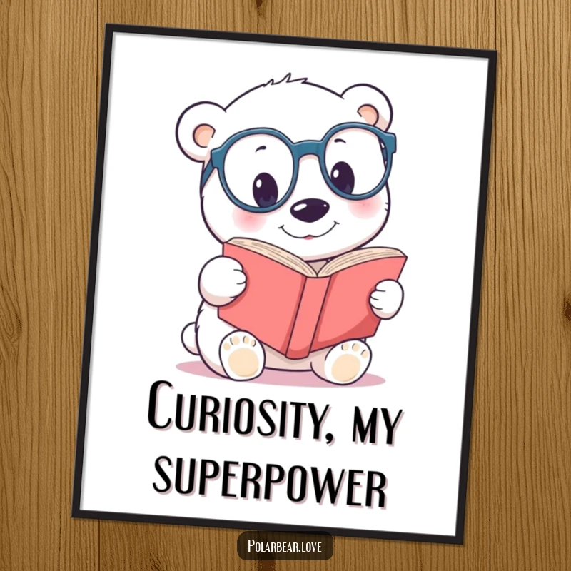 Funny polar bear spectacles poster, a curious bear with large glasses peering at a large book.