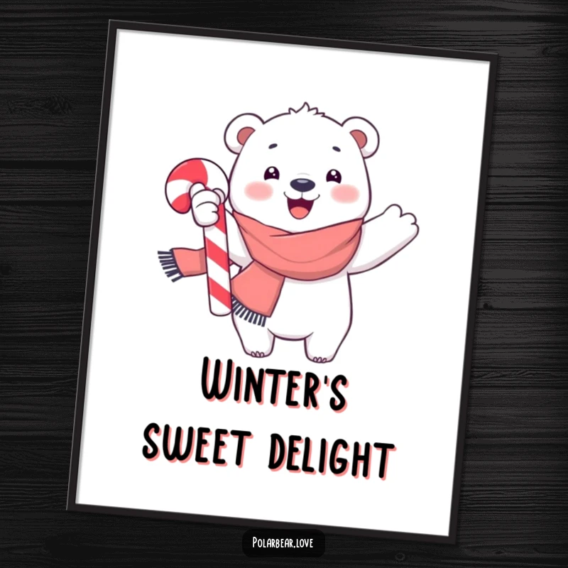 Funny polar bear poster, wearing a bright scarf, joyfully waving a large candy cane, a festive and cheerful holiday decoration.