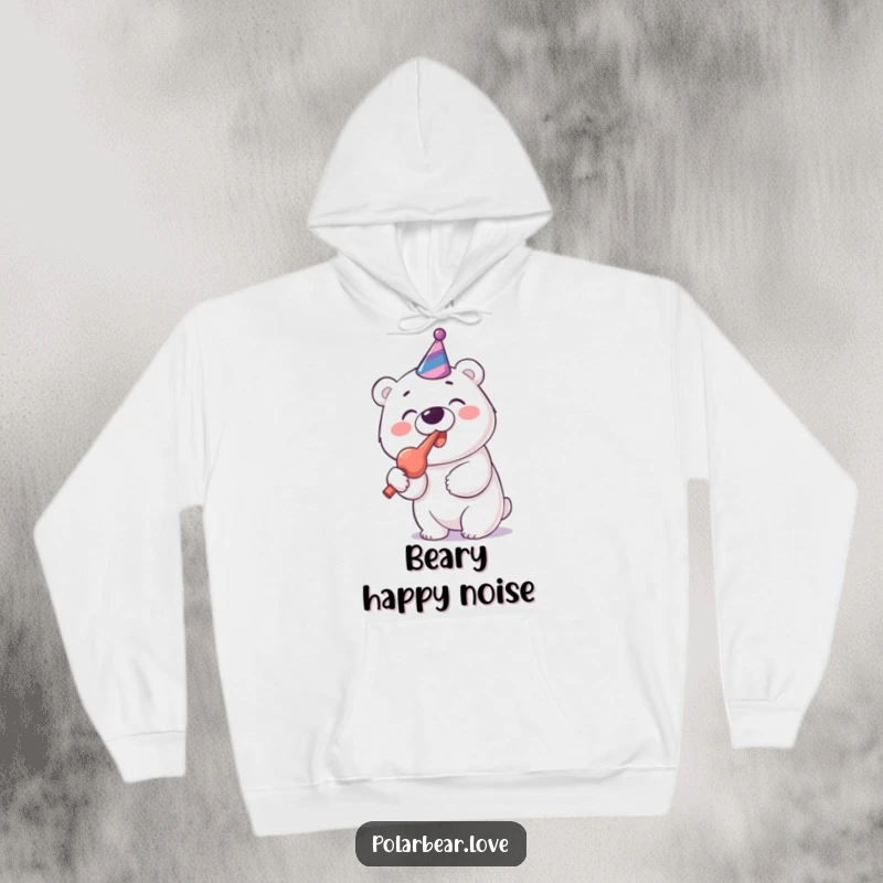 Funny Polar Bear Party Blower Hoodie: A cheerful polar bear enthusiastically blows a party blower with gusto.