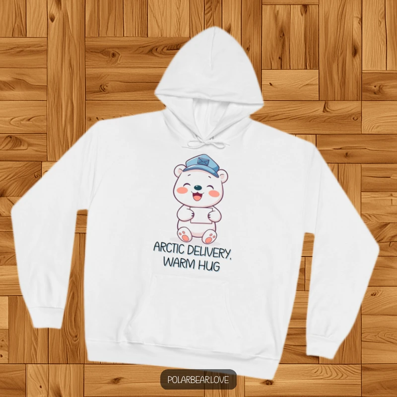 Funny polar bear mail carrier hoodie, showing a joyful bear in a mail hat delivering letters.