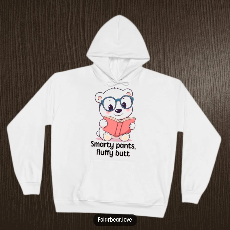 Funny polar bear spectacles hoodie, showing a curious bear wearing large glasses reading a book.