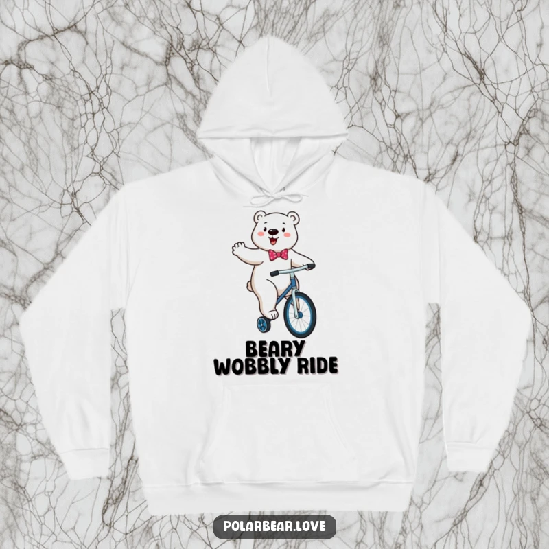 Funny Polar Bear Unicycle Hoodie: An energetic polar bear in a bowtie comically attempting to ride a unicycle.