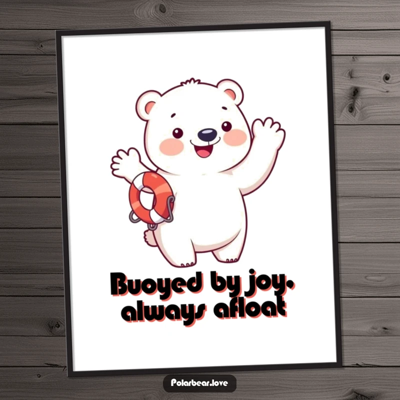 Funny free printable wall art of a happy polar bear wearing a life preserver, waving with a big smile.