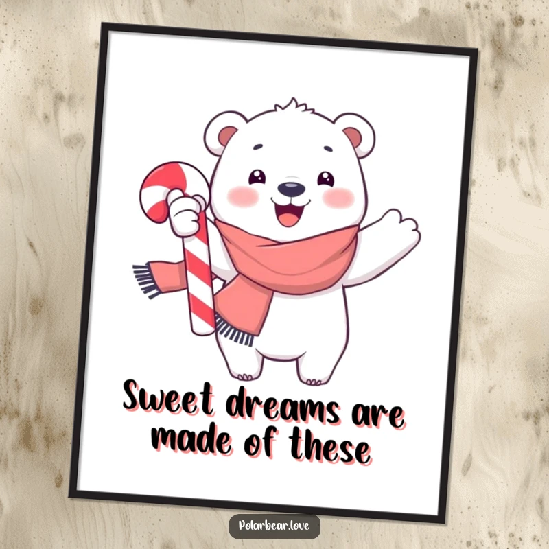 Funny Free Printable Wall Art: A joyful polar bear in a scarf happily waves a large candy cane.